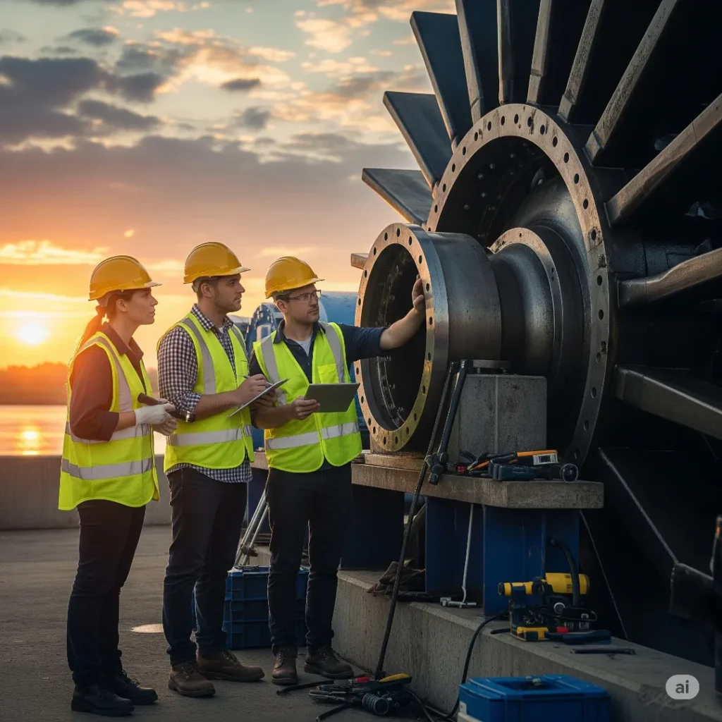 Engineers-inspecting-a turbine-at-sunset