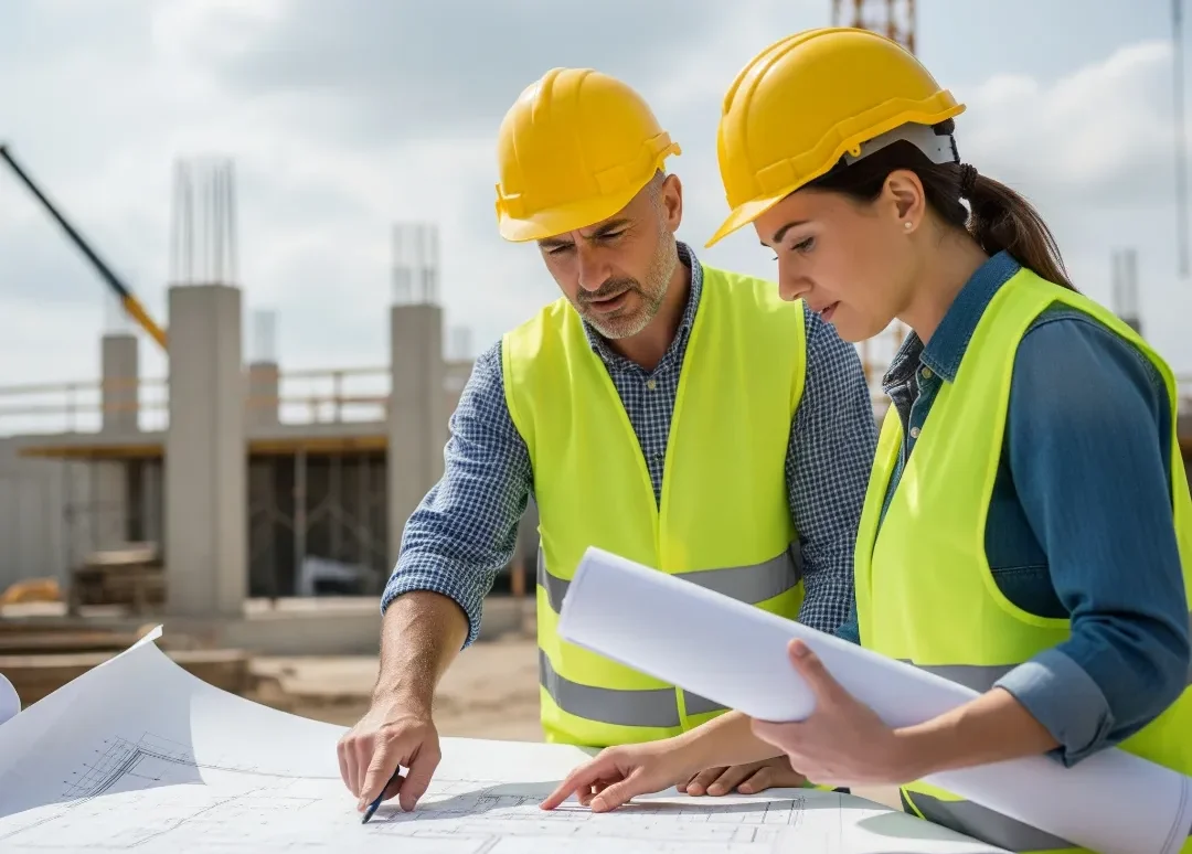 Engineers-reviewing-blueprints-on-site